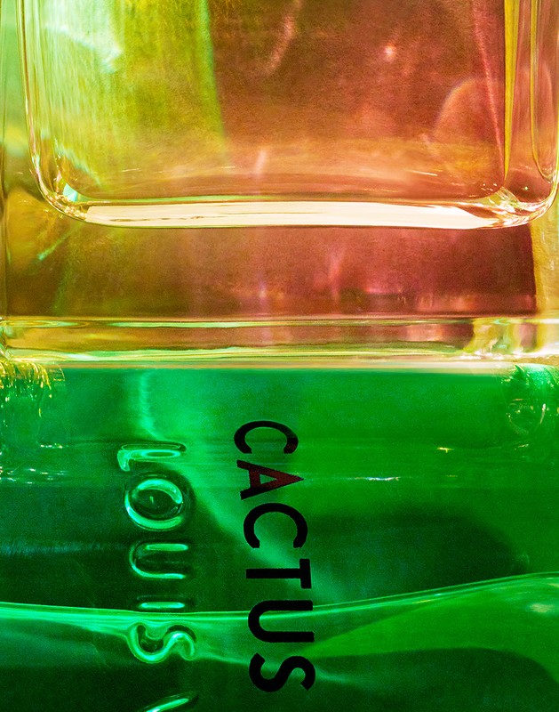 Close-up of a transparent, rectangular glass bottle with gradient green and orange liquid. 'Louis Vuitton' and 'Cactus' text visible.