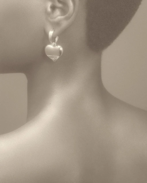 Heart shaped earrings on a person, against a neutral backdrop. The earrings are silver and hang below the ear. The person has fair skin.