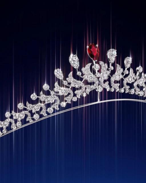 Close-up of an ornate tiara featuring diamonds and a ruby, displayed against a gradiated blue background with light streaks.