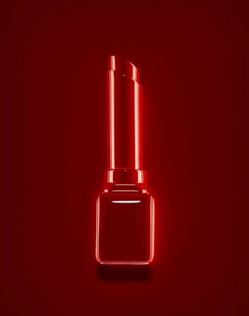 Close-up of a shiny red lipstick tube on a dark red background, product shot. Beauty, fashion, and cosmetic industry aesthetic.