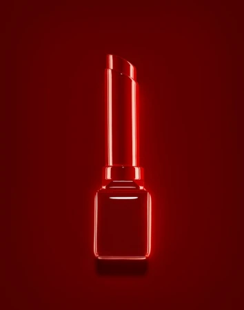 Close-up of a shiny red lipstick tube on a dark red background, product shot. Beauty, fashion, and cosmetic industry aesthetic.