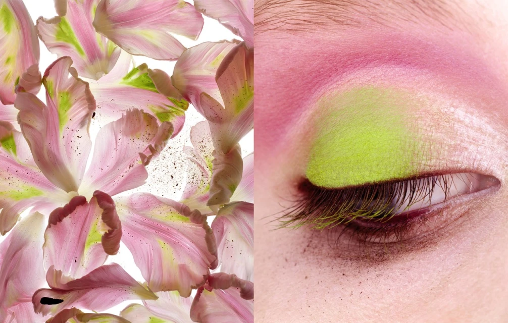 Close-up split screen: pink and green eye makeup contrasted with layered pink flower petals. Beauty and nature composition.