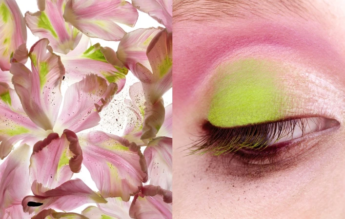 Close-up split screen: pink and green eye makeup contrasted with layered pink flower petals. Beauty and nature composition.