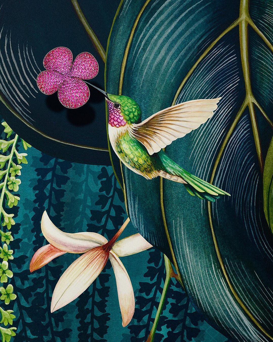 Illustration of a green hummingbird with a pink flower, against a lush backdrop of dark green leaves and a patterned teal background.