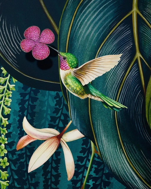 Illustration of a green hummingbird with a pink flower, against a lush backdrop of dark green leaves and a patterned teal background.