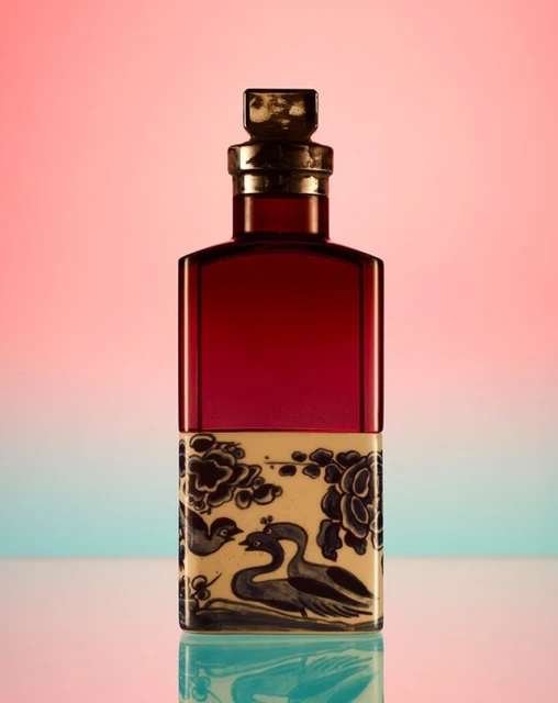 Elegant red glass perfume bottle with a gold top and decorative white floral pattern on a gradient pink and blue background.