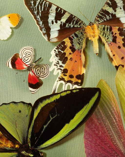 Close-up composition features an assortment of brightly colored butterflies with detailed wing patterns displayed on a light green background.