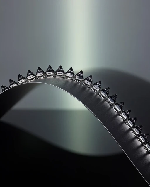 Abstract product shot featuring a curved metal surface adorned with repeating clear, triangular shapes on a graduated grey background.