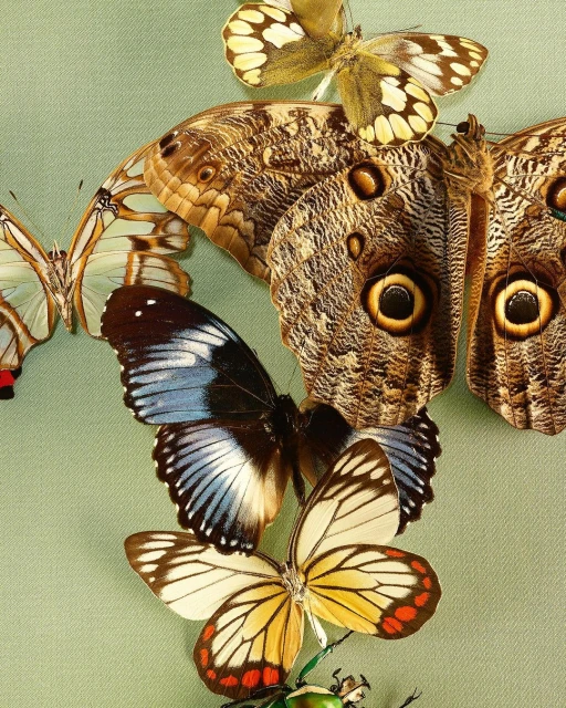 Collection of several colorful butterflies, displayed together on a green surface, creating a vibrant and intricate natural art composition.