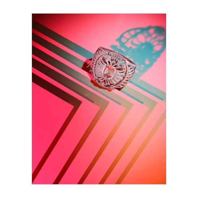 A silver ring featuring an eagle design is displayed on a vibrant pink background with geometric lines and contrasting shadows.