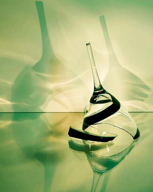 Dramatic studio shot of a broken clear glass with dark accents lying on its side and casting shadows, suggesting fragility and loss.