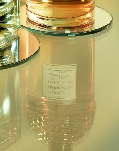 Close-up of two clear glass bottles filled with amber liquid on reflective surfaces, capturing a modern and minimalist aesthetic.