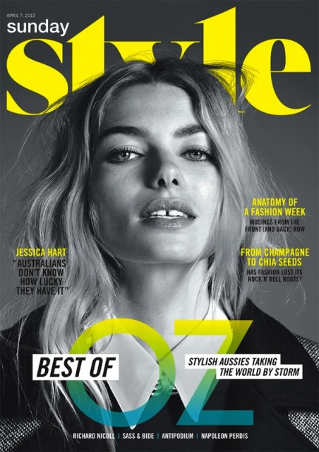 Magazine cover featuring Jessica Hart in a close-up shot, with yellow and blue text overlay and fashion-related article headlines.