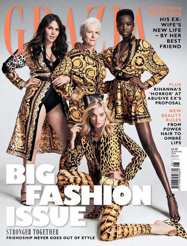 Grazia magazine cover featuring four women of diverse ages and ethnicities in bold patterned outfits. The cover promotes a 'Big Fashion Issue'.