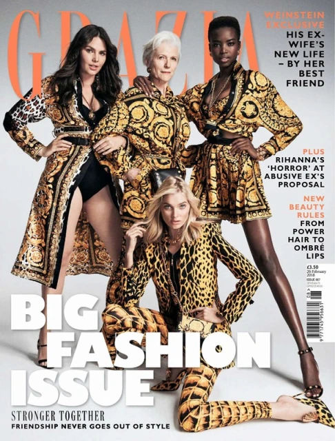 Grazia magazine cover featuring four women of diverse ages and ethnicities in bold patterned outfits. The cover promotes a 'Big Fashion Issue'.