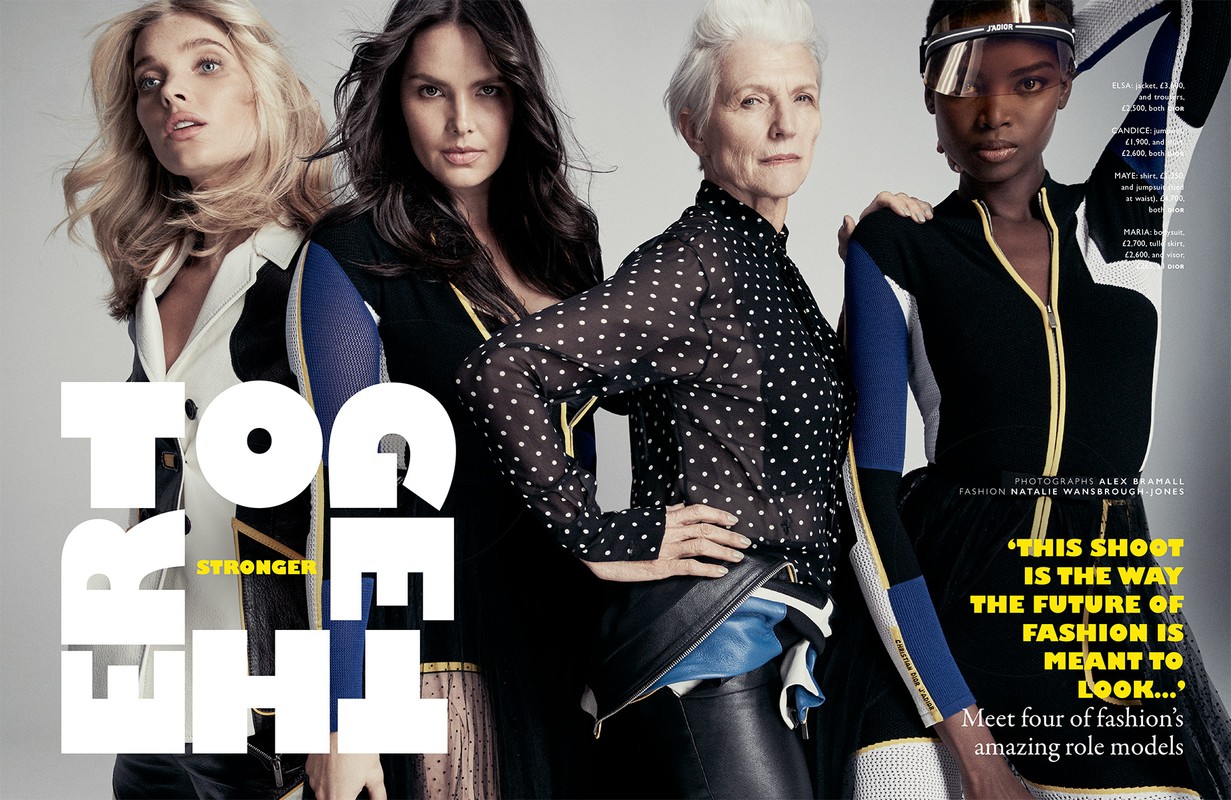 Four fashion models in a studio shot showcasing modern apparel, with a focus on diverse representation, and contemporary design.