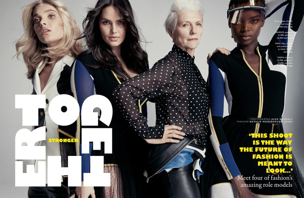 Four fashion models in a studio shot showcasing modern apparel, with a focus on diverse representation, and contemporary design.