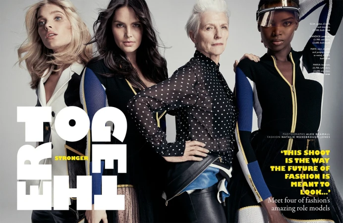 Four fashion models in a studio shot showcasing modern apparel, with a focus on diverse representation, and contemporary design.