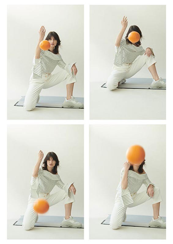 Fashion shot of a woman in a striped blouse and white pants playing with an orange ball in a studio setting, captured in a four-panel collage.
