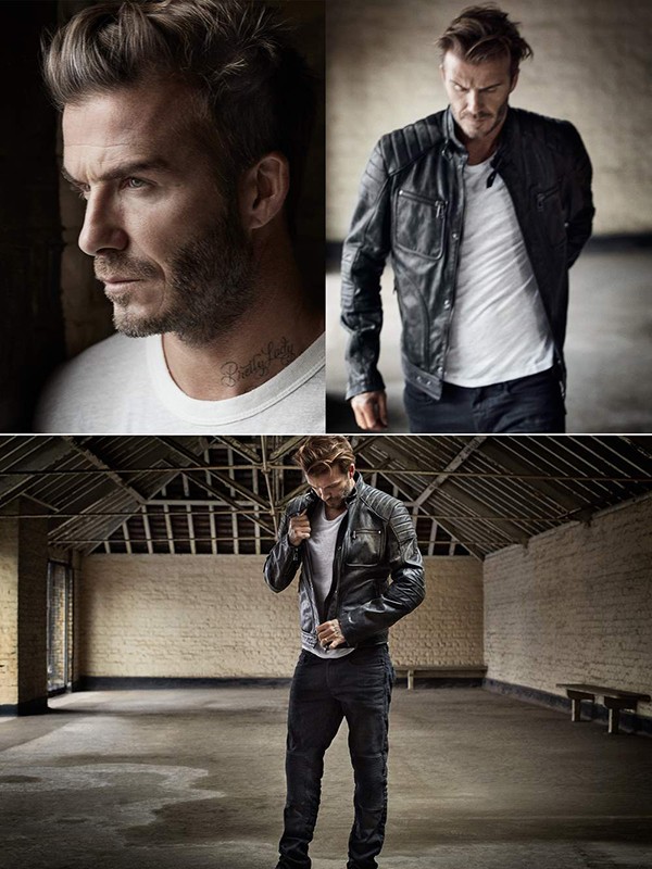 Three images of adult male fashion model wearing black leather jacket, dark jeans, and a white tee-shirt posing in photo studio.