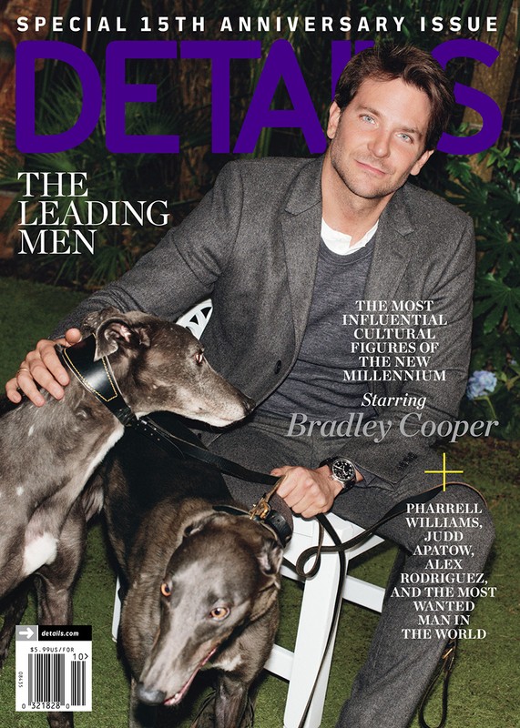 Details magazine cover featuring Bradley Cooper sitting on a white chair with two greyhound dogs on a leafy green background.