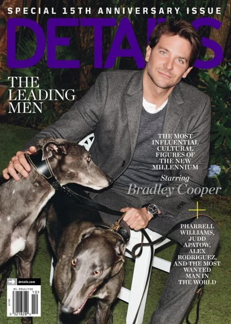 Details magazine cover featuring Bradley Cooper sitting on a white chair with two greyhound dogs on a leafy green background.