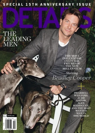 Details magazine cover featuring Bradley Cooper sitting on a white chair with two greyhound dogs on a leafy green background.