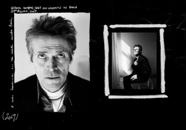 Monochrome portrait of Willem Dafoe with handwritten notes and inset frame on a black background
