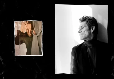 Black and white portrait layout featuring actor Willem Dafoe in a dark turtleneck styled by Dan May against a textured backdrop.