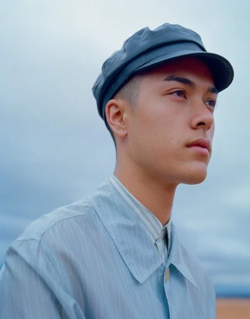 Close-up portrait of a man wearing a grey cap and light blue striped shirt against an overcast sky in Los Angeles
