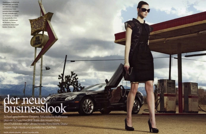 A fashion shot features a woman in a black dress and heels, posing beside a sports car at a vintage-style gas station under a cloudy sky.