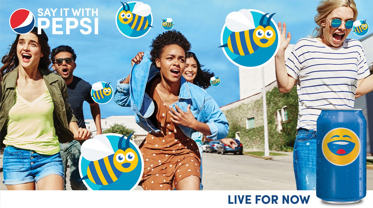 A group of people run down an urban street with big smiles, escaping cartoon bees, with a Pepsi can visible in the foreground.