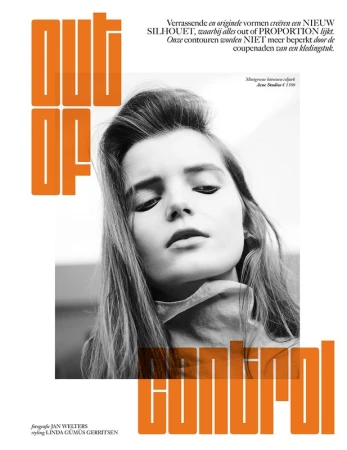 Monochrome fashion portrait of a young woman with orange text overlay. Close-up studio shot. High contrast, editorial style, contemporary feel.