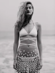 Monochrome portrait of a female model wearing a strappy halter top and crystal-embellished sheer skirt.