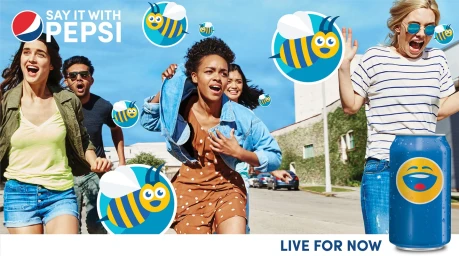 Group of young people running outdoors on a sunny suburban street with animated bee and emoji graphics