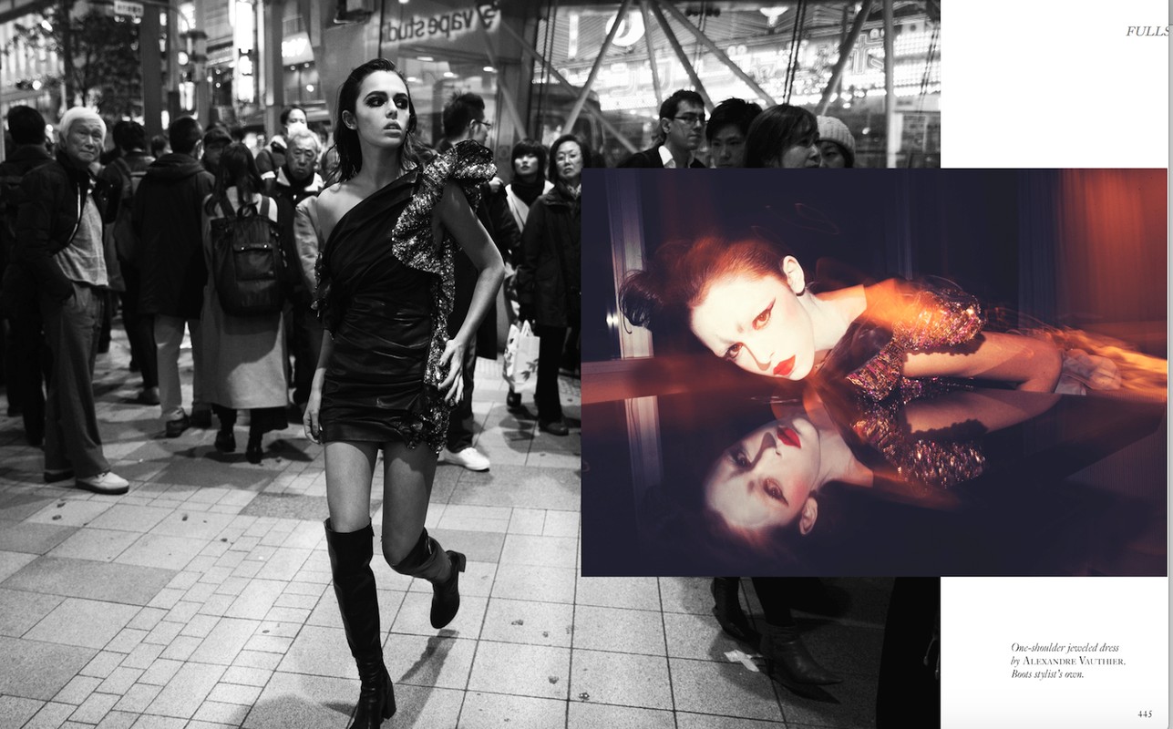 Black and white fashion photography featuring a woman in a dress and boots walking in a city street, accompanied by a smaller image inset.