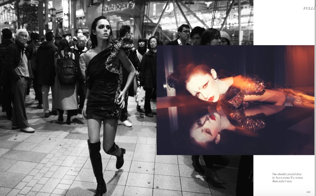 Black and white fashion photography featuring a woman in a dress and boots walking in a city street, accompanied by a smaller image inset.