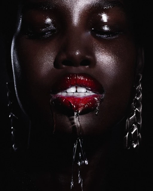 Close-up of an African American woman with dark skin, glossy red lips with liquid dripping, closed eyes, and silver chain earrings.