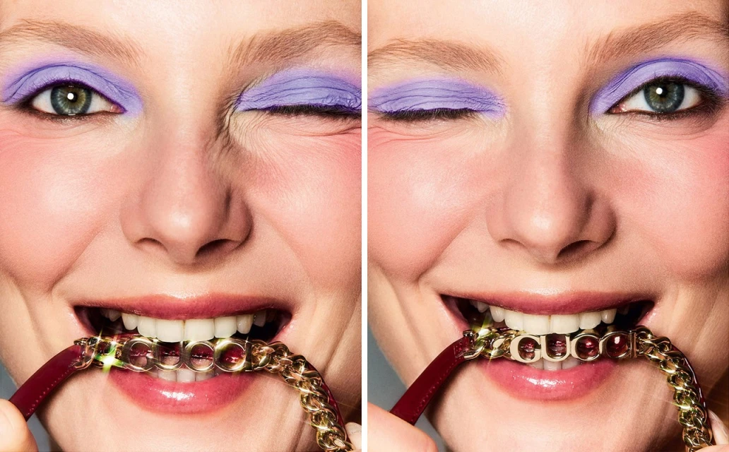 Close-up collage of a winking woman with violet eyeshadow and a smile, biting a gold chain-link belt with jeweled details.