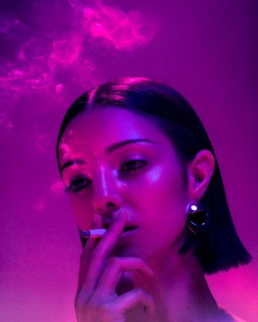 Close-up of a woman with dark hair, smoking a cigarette in a purple lit indoor environment, wearing large hoop earrings.