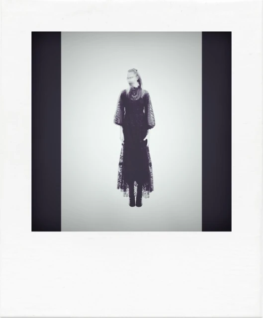 Monochromatic fashion shot featuring a woman in a long, dark, lace dress against a pale background, framed by a black vertical bar.