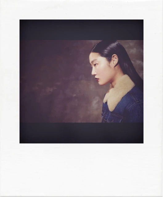 Profile shot of an Asian woman with dark hair and dark red lipstick, wearing a denim jacket with a shearling collar.