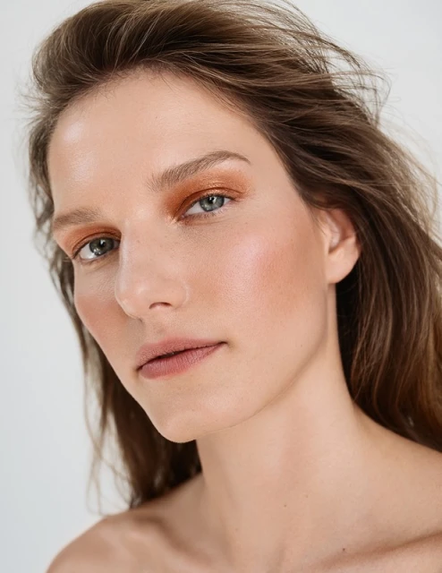 Close-up of a woman with bronze eyeshadow and nude lips, set against a stark white backdrop in a beauty-themed portrait.