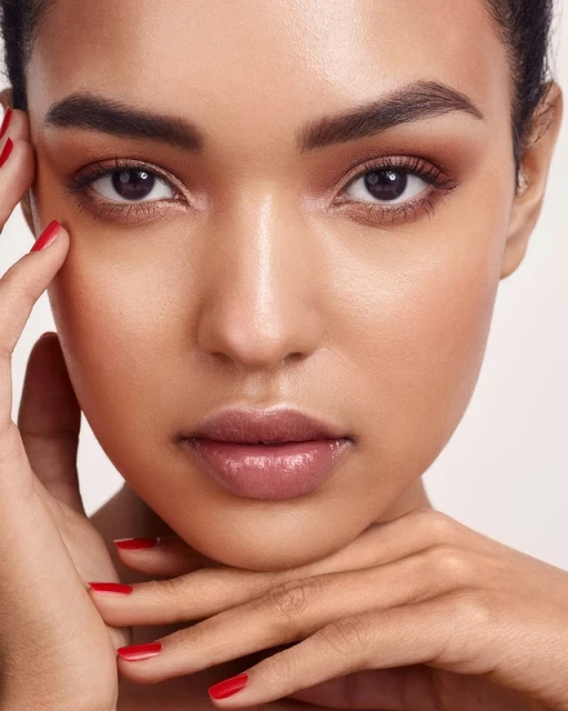 Close-up portrait of a woman with brown hair and red nail polish, showcasing beauty and makeup, set against a light background.