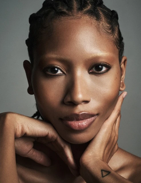 Close-up portrait of a young adult female with bronze skin, braided hair, light eyebrows, and her hands resting on her chin against a gray background.
