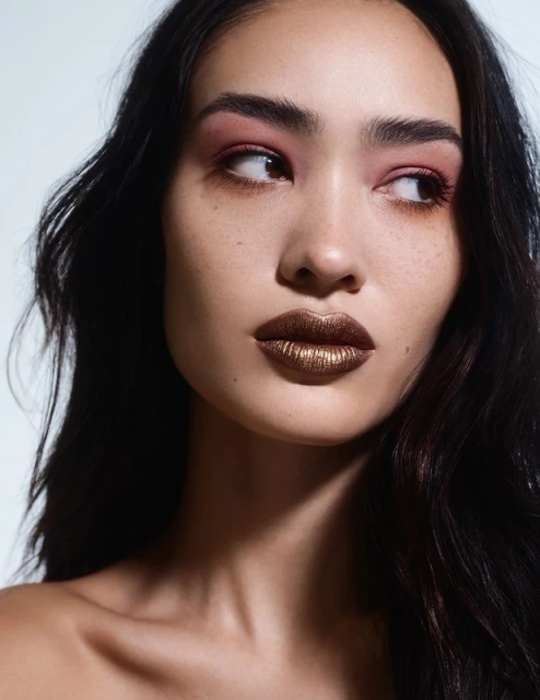 Close-up portrait of a woman with dark wavy hair, soft pink eye shadow, and shimmering bronze lipstick against a pale background.
