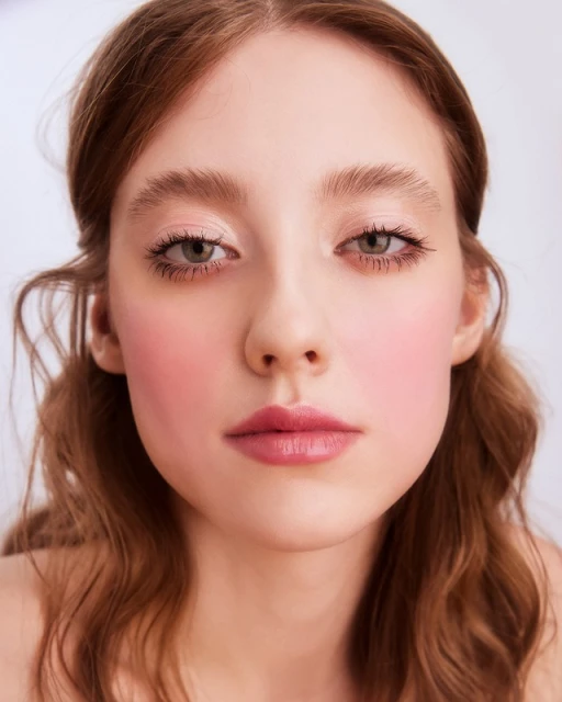 Close-up portrait of a young woman with red-brown wavy hair, fair skin, and pink blush and lipstick, against a bright, neutral background.