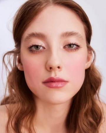 Close-up portrait of a young woman with red-brown wavy hair, fair skin, and pink blush and lipstick, against a bright, neutral background.