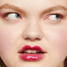 Extreme close up of a model with glossy pink lipstick and vibrant eye makeup looking to the side