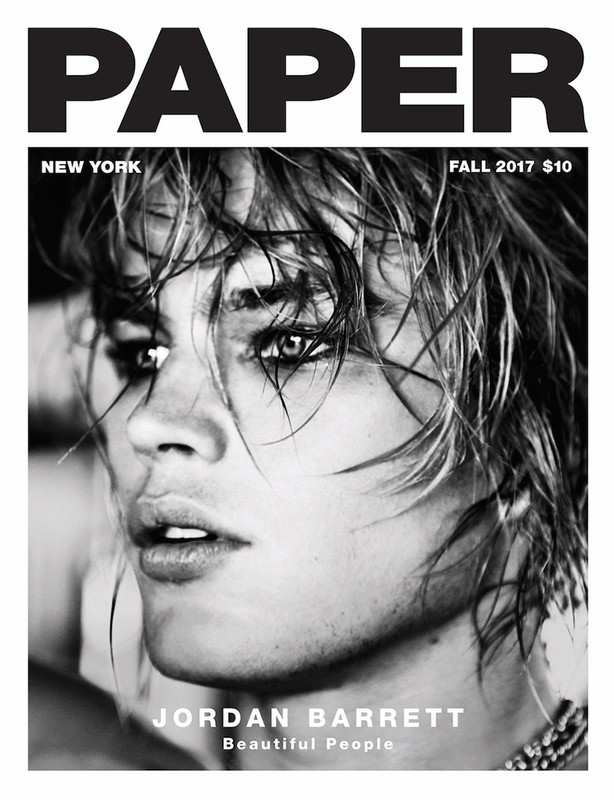 Paper Magazine cover featuring a black and white close-up of Jordan Barrett, with wet hair, and the magazine's name in bold lettering.